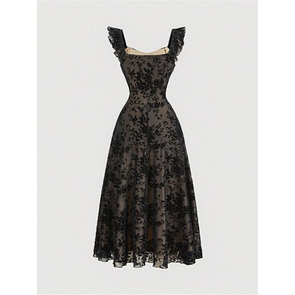 Women's Floral Mesh A Line Sleeveless Long Dress Ruffle Hem Elegant Casual - Picture 2 of 4